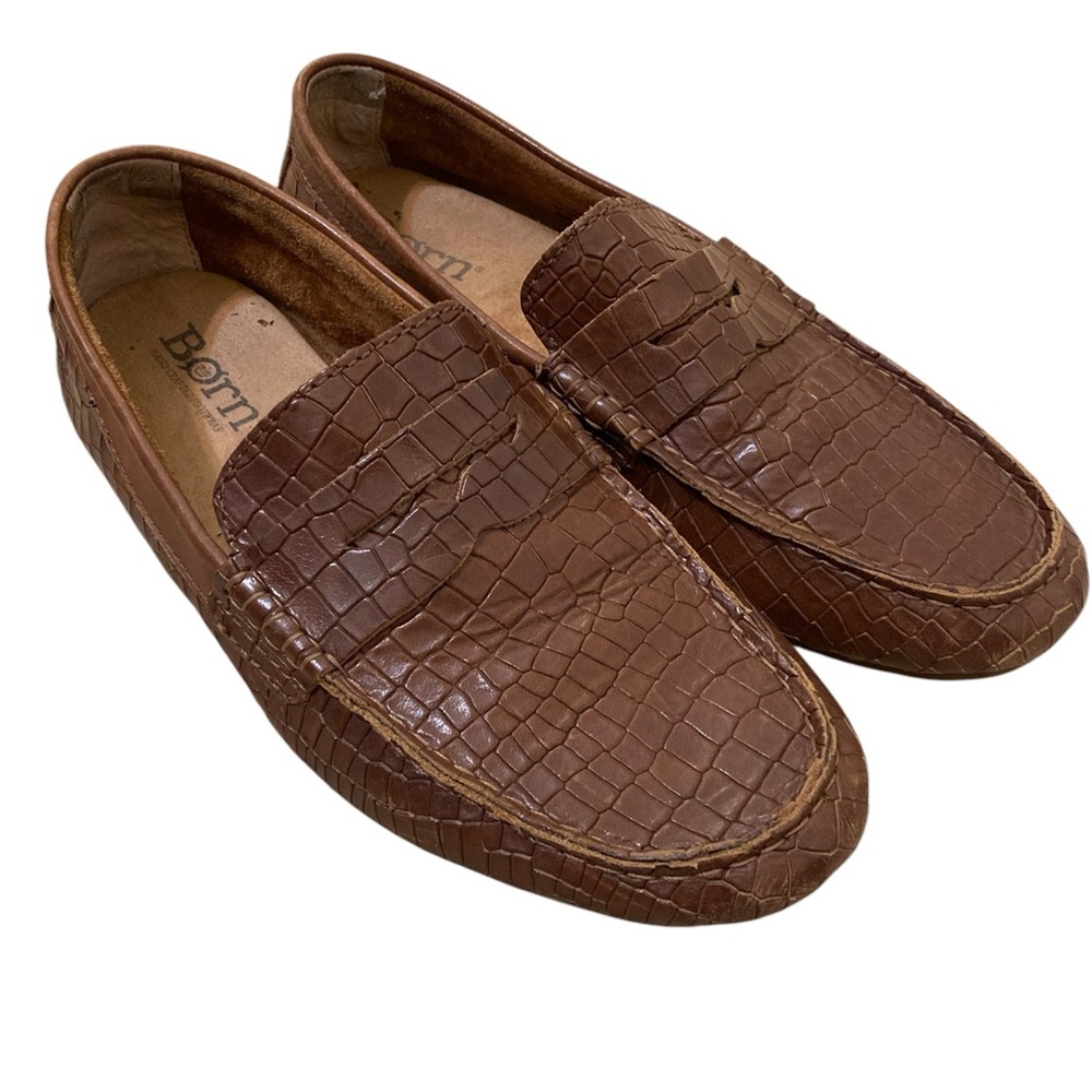 Born Mens Andres Croc Embossed Leather Driving Loafer Brown Slip On 10.5